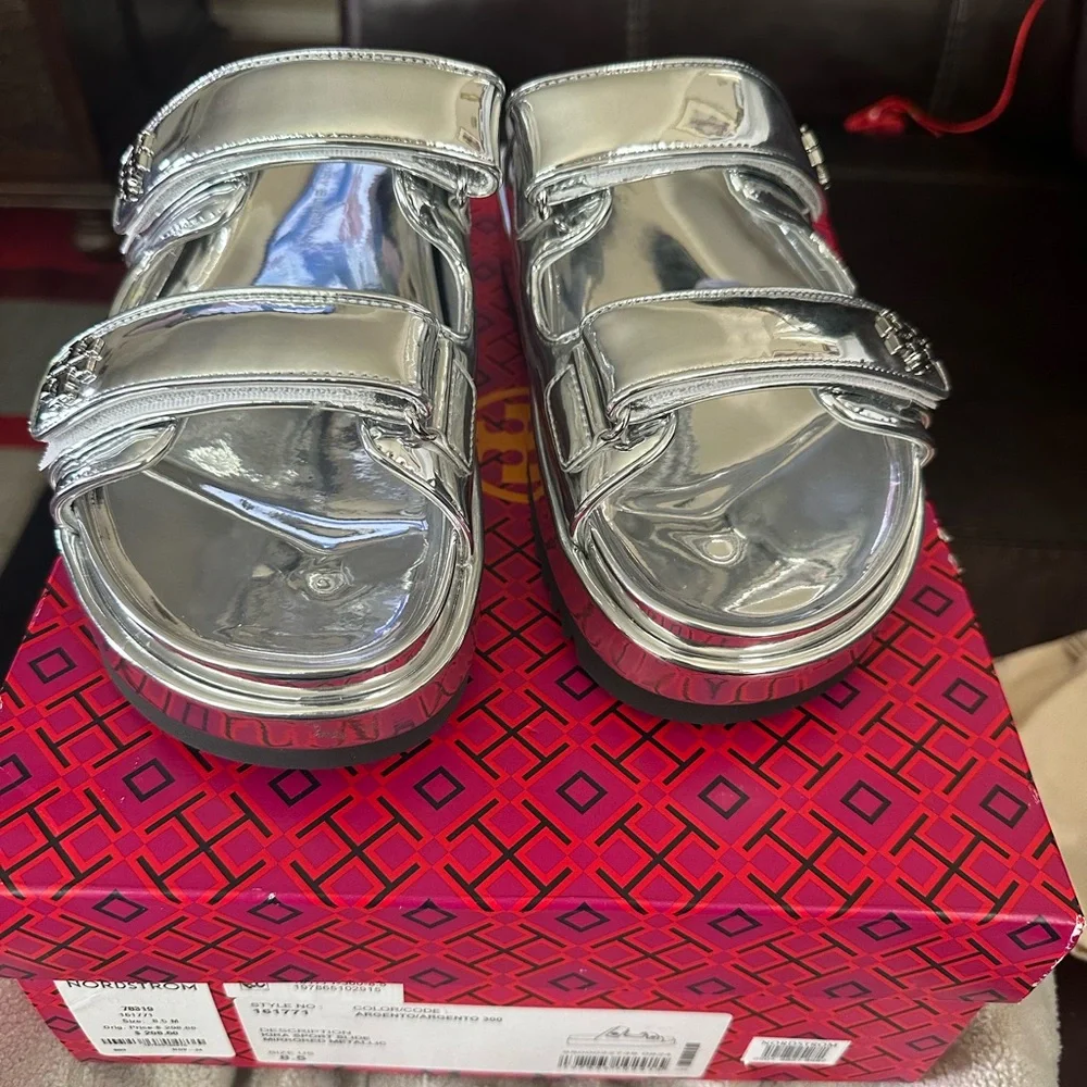 Tory Burch Silver Metallic Platform Slide Sandals
